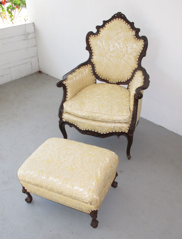 CARVED FRENCH FAUTEIL AND OTTOMAN:
