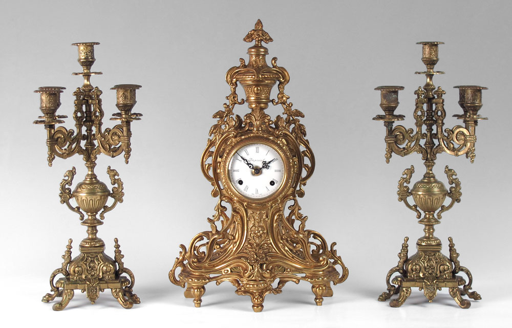 IMPERIAL BRASS CLOCK GARNITURE 14912d