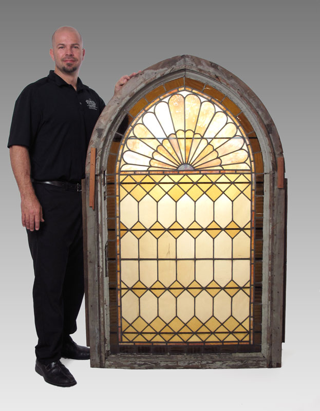 VINTAGE ARCHED STAIN GLASS WINDOW  14912b
