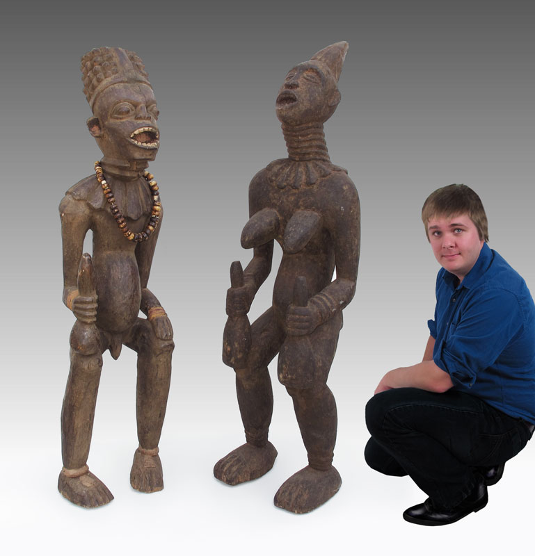 2 CARVED AFRICAN BANGWA ROYAL FIGURES  1491db