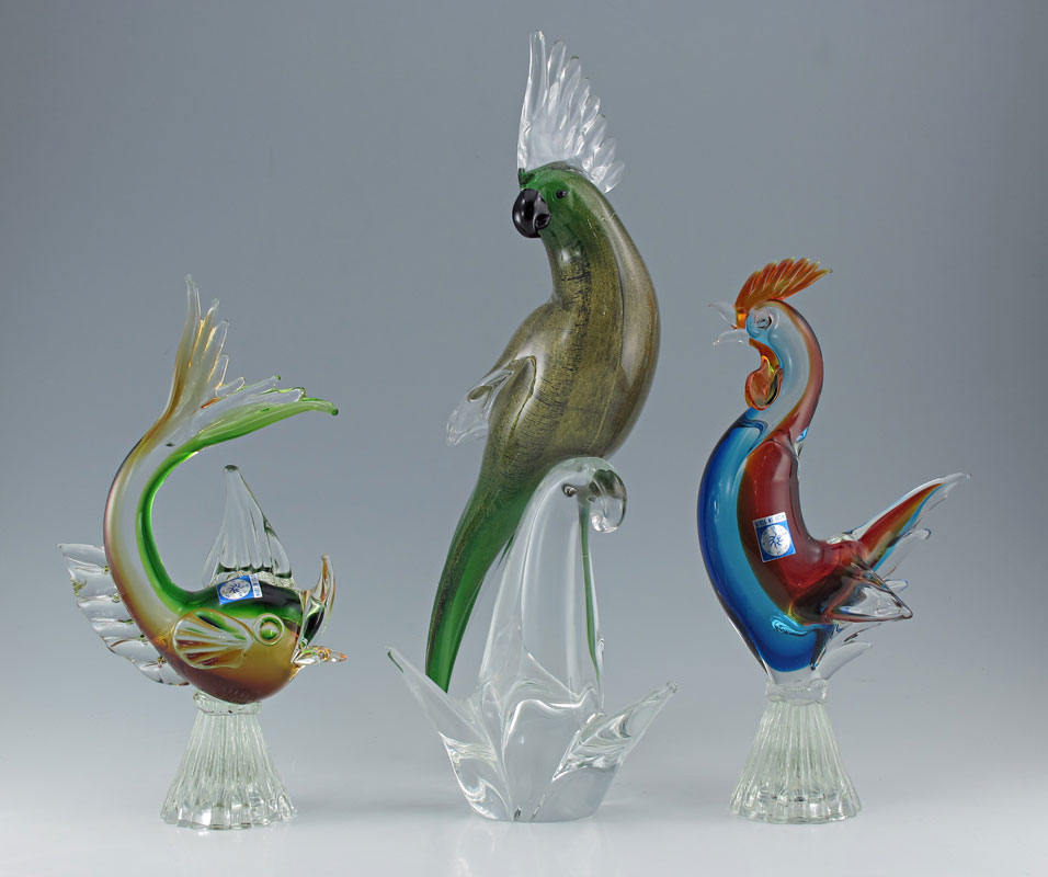 3 PIECE MURANO GLASS PARROT ROOSTER