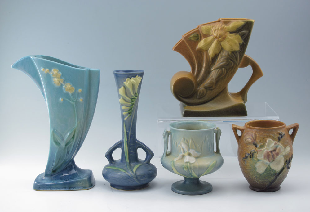 5 PIECE ROSEVILLE POTTERY VASES: To