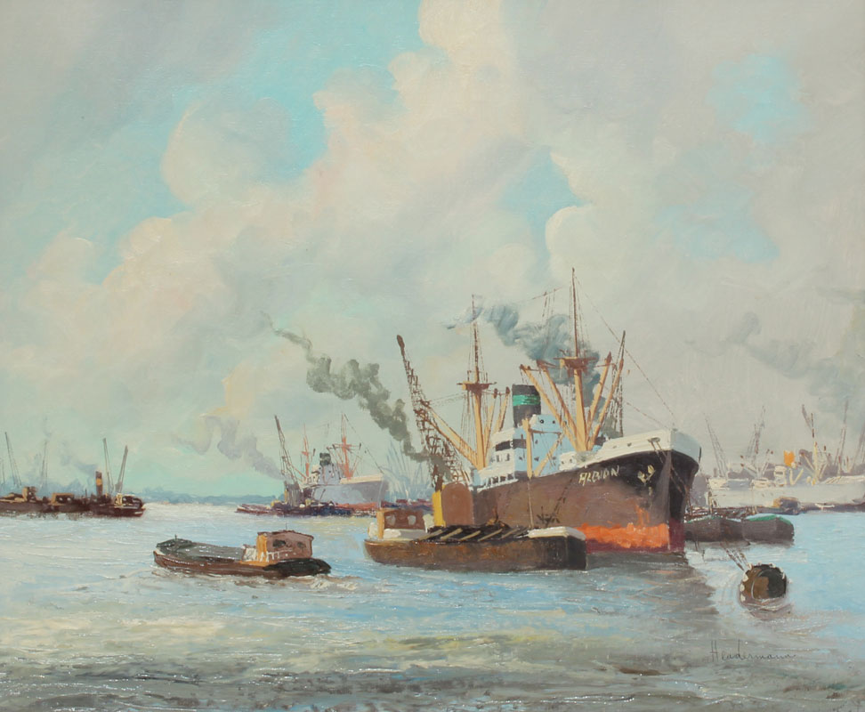 BUSY HARBOR SCENE WITH TUG BOATS