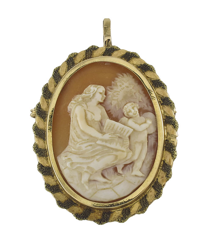 18K FRAMED CARVED SHELL CAMEO BROOCH 1493ef