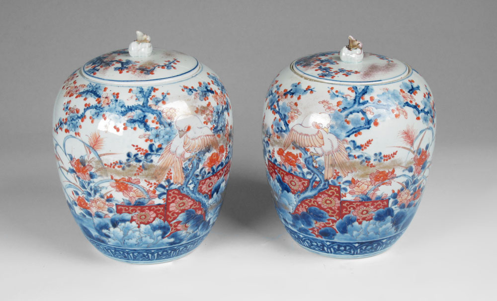 PAIR 19th C IMARI COVERED JARS  149401