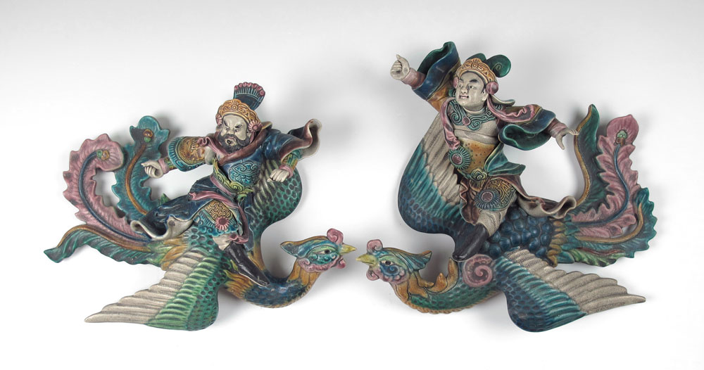 TWO CHINESE FIGURAL ROOF TILES: