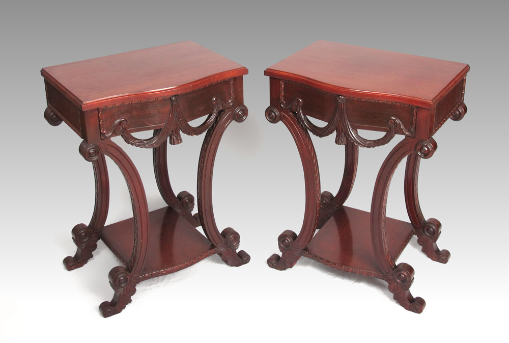 PAIR CARVED MAHOGANY SIDE TABLES: