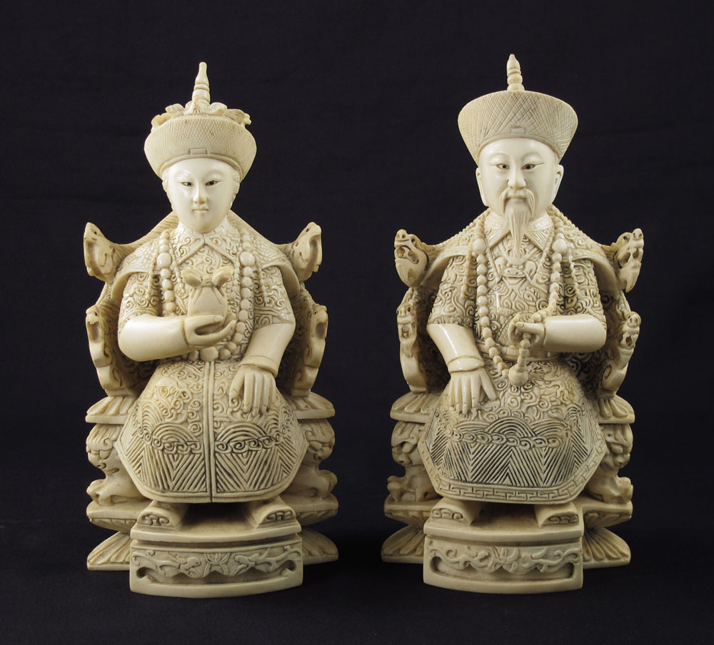 2 PIECE CARVED IVORY SEATED ROYAL COUPLE: