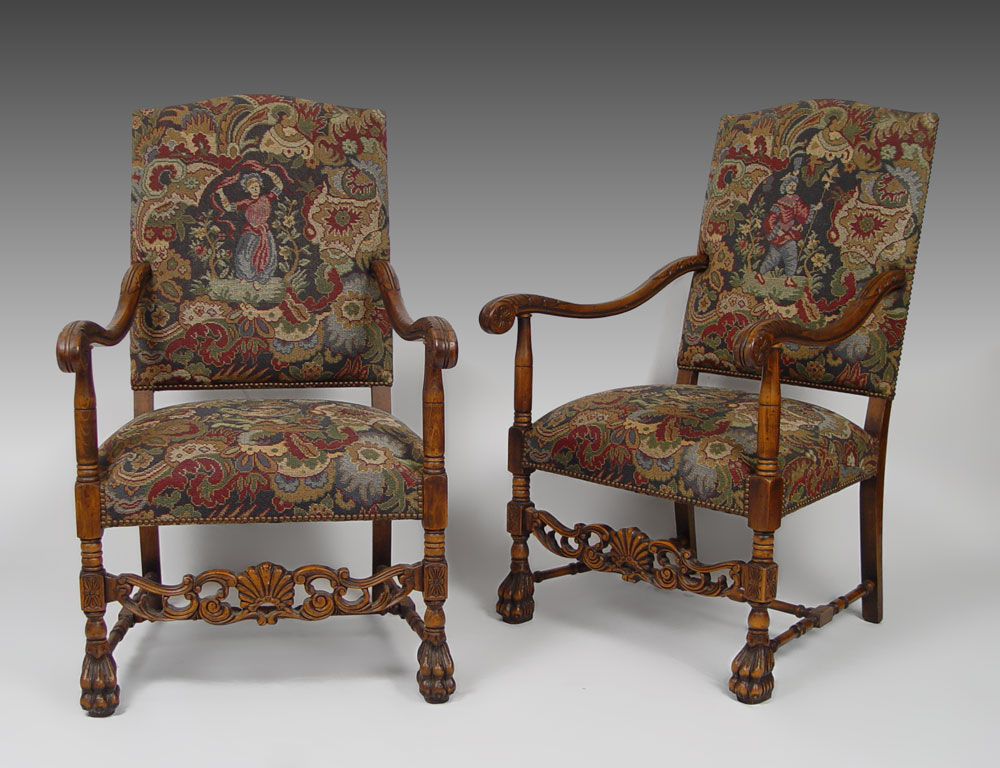 PAIR OF UPHOLSTERED AND CARVED