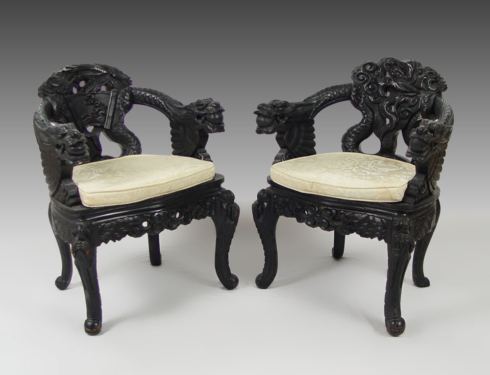 PAIR CHINESE CARVED DRAGON CHAIRS  14967e