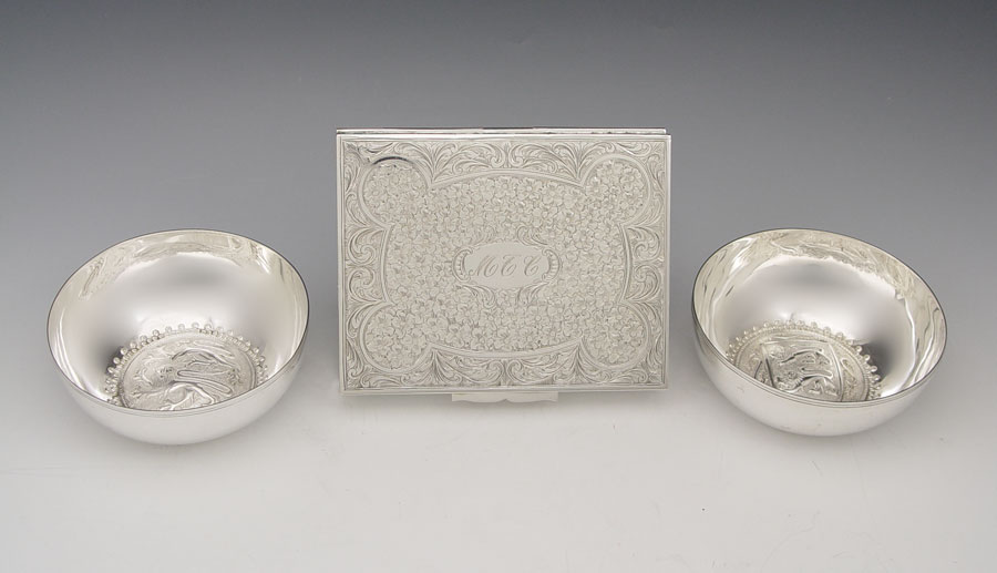 3 PIECE FINE SILVER BOX & 2 BOWLS: