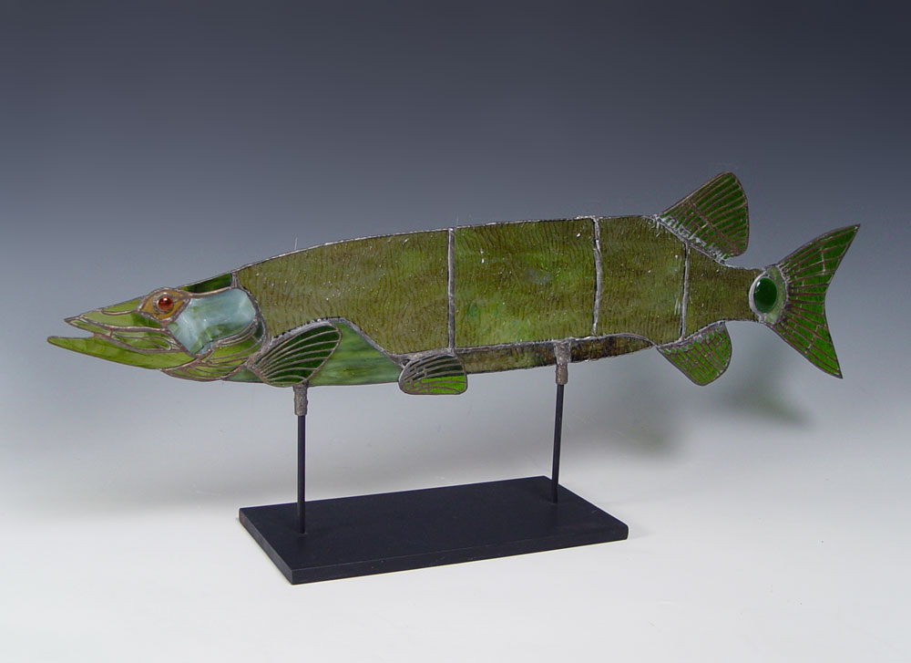 FIGURAL STAINED GLASS FISH ON STAND: