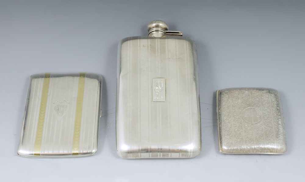 3 PIECE STERLING FLASK & 2 CASES: