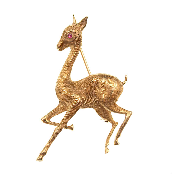 14k GOLD FIGURAL DEER WITH RUBY