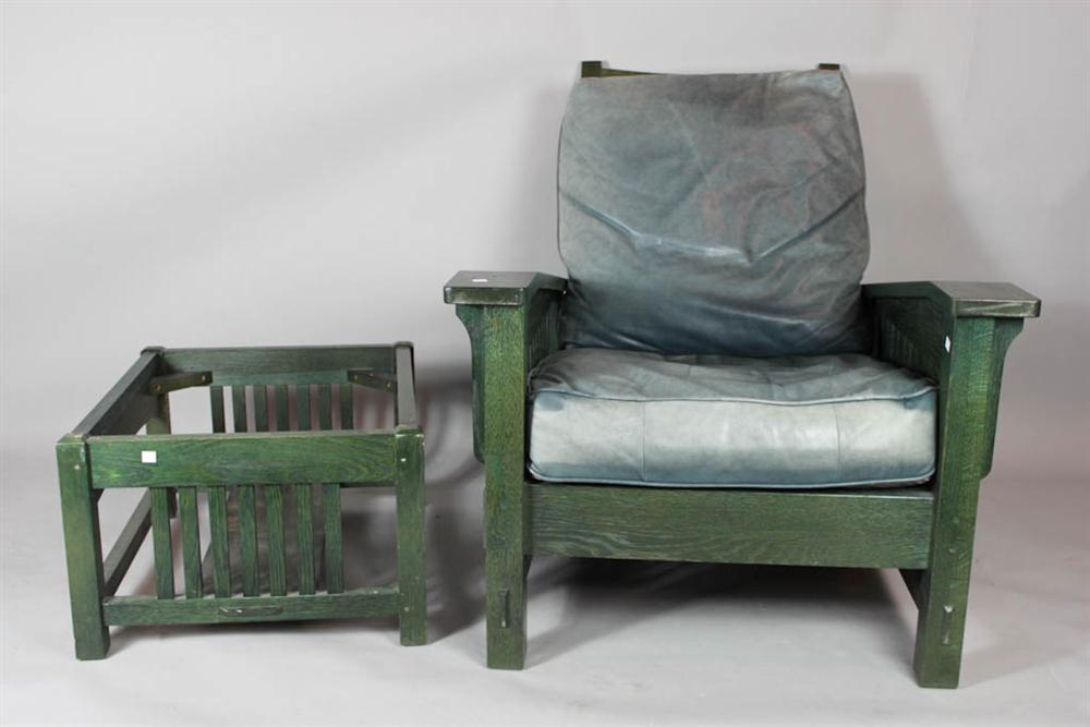 STICKLEY TYPE GREEN STAINED OAK ARMCHAIR