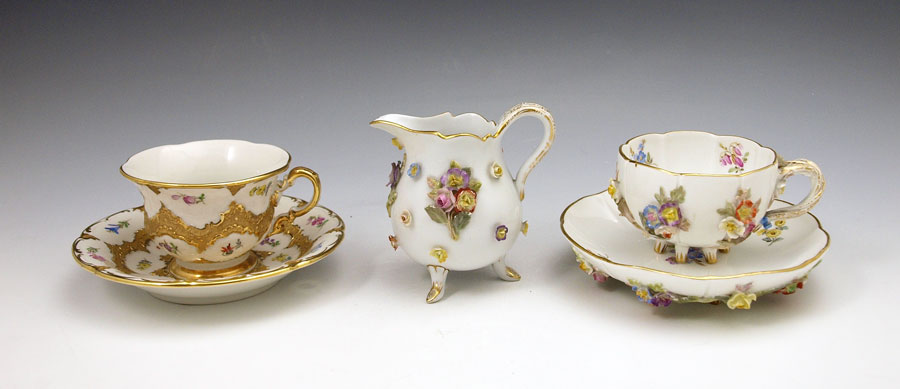 FINE MEISSEN CUPS & SAUCERS AND CREAM