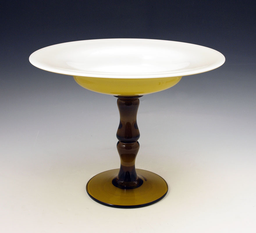 AMBER AND ALABASTER GLASS COMPOTE: