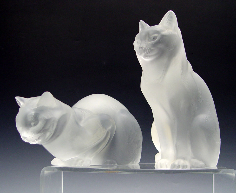 TWO LARGE LALIQUE CRYSTAL CATS  1473ba