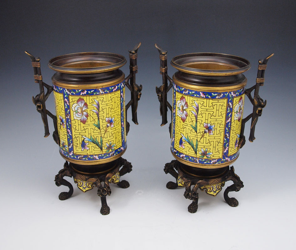 PAIR CHINESE BRONZE CLOISONNE HANDLED