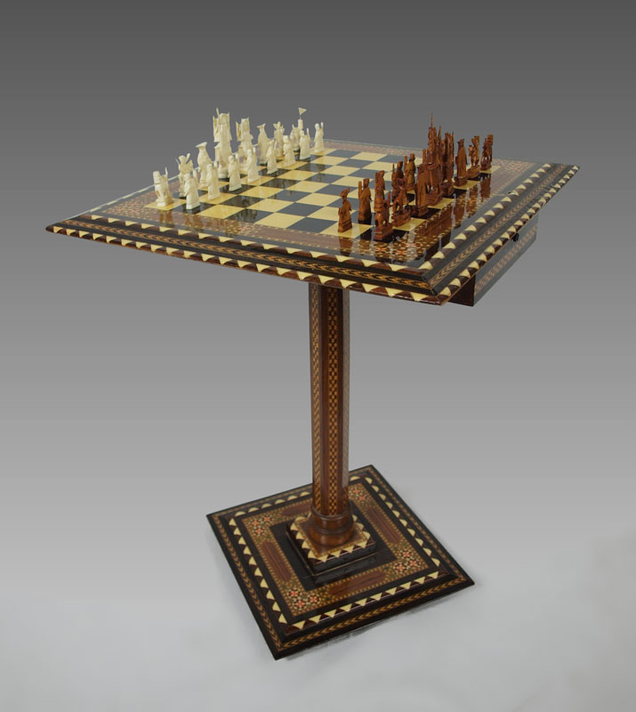 IVORY CHESS SET WITH PARQUETRY TABLE: