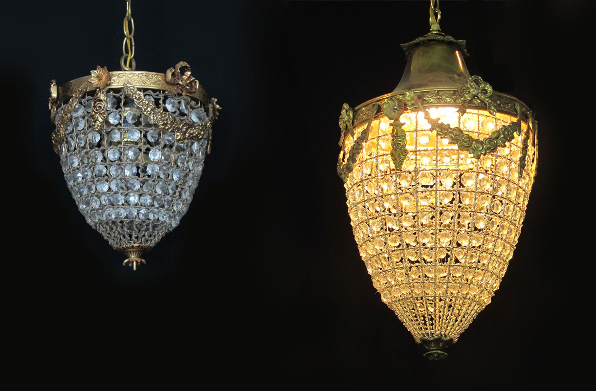 TWO BRASS AND CRYSTAL PENDANT CHANDELIERS: