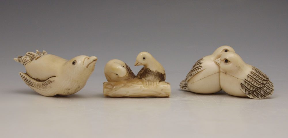 3 PIECE CARVED IVORY BIRDS NETSUKE: