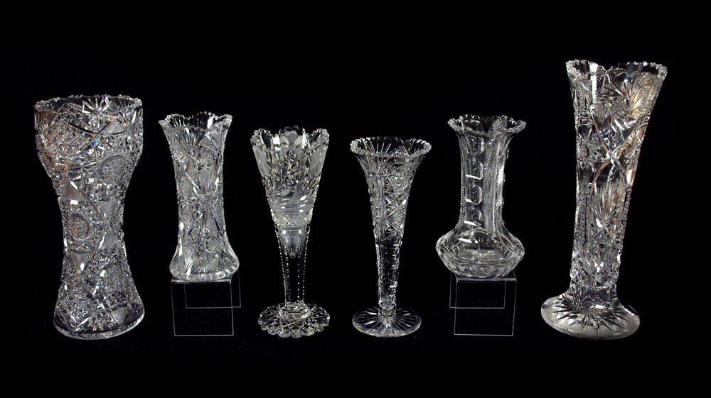 6 AMERICAN BRILLIANT CUT GLASS VASES: