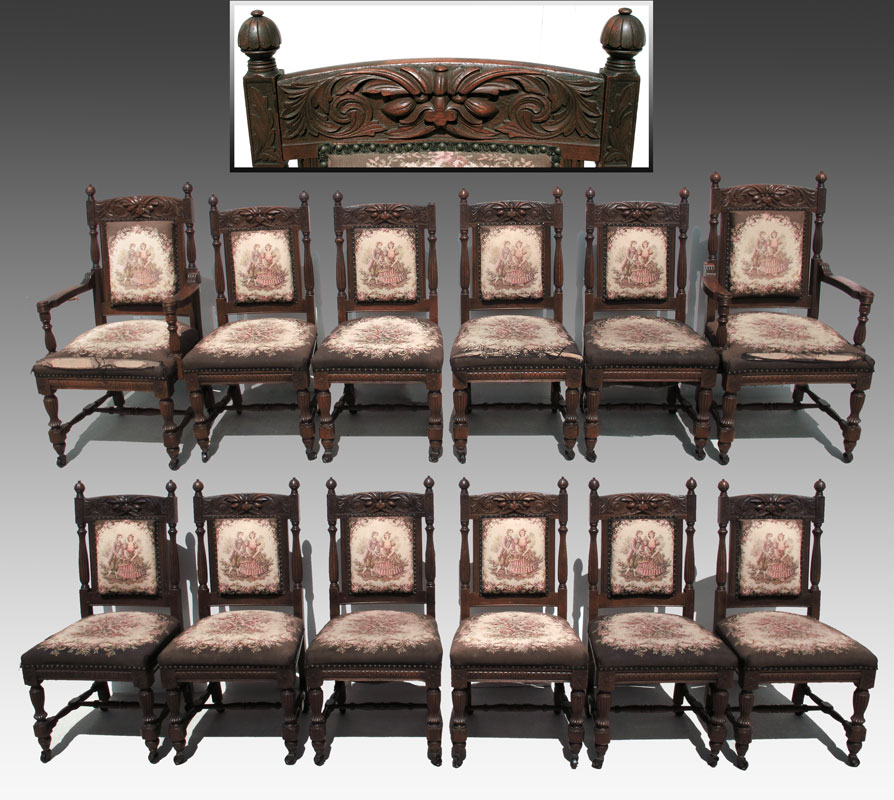 12 HORNER ERA CARVED OAK DINING CHAIRS: