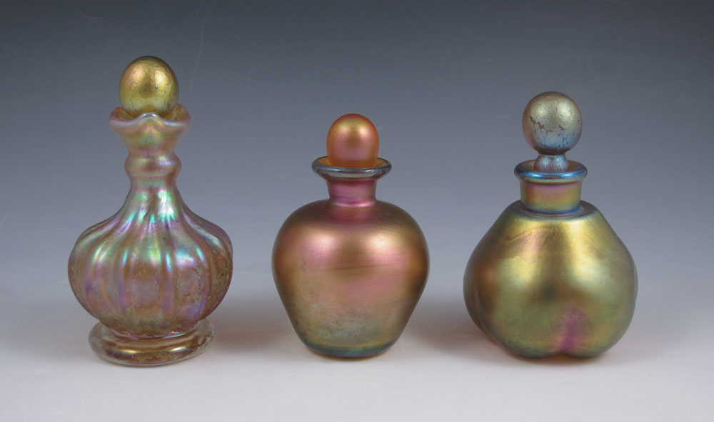 3 TIFFANY FAVRILE GLASS PERFUME BOTTLES: