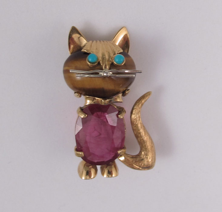 18K SAPPHIRE TIGER EYE CAT BROOCH  14758b