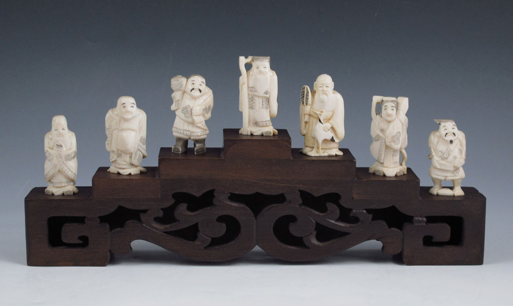 CHINESE CARVED IVORY 7 HAPPY IMMORTALS: