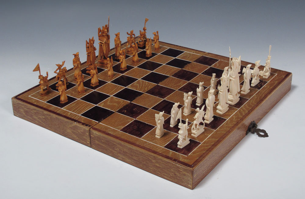 CHINESE CARVED IVORY CHESS SET: Complete