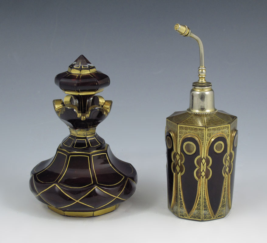 2 EARLY CZECH GILT RUBY GLASS PERFUME