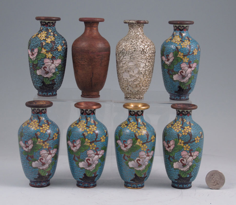 8 CLOISONNE STAGES VASES IN BOX: