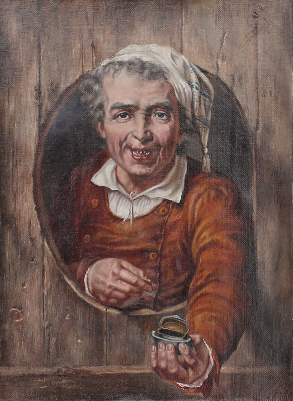 19th C PAINTING OF MAN IN STOCKING