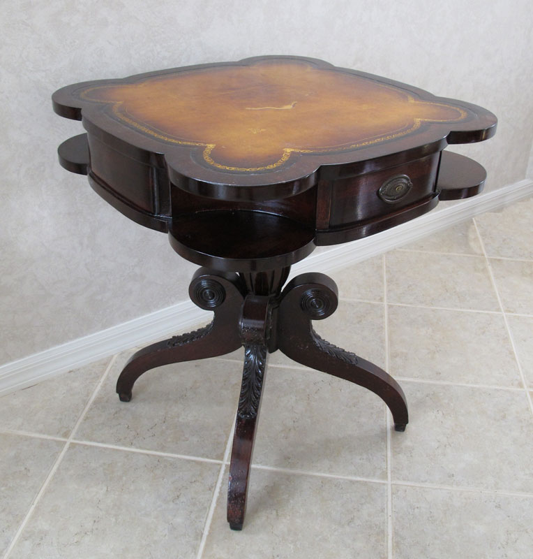 MAHOGANY SPIDER LEG PARLOR TABLE: Leather