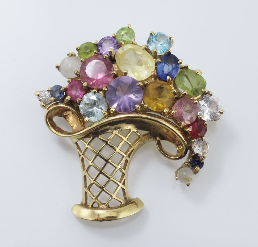 14K MULTI GEMSTONE BASKET BROOCH  147735