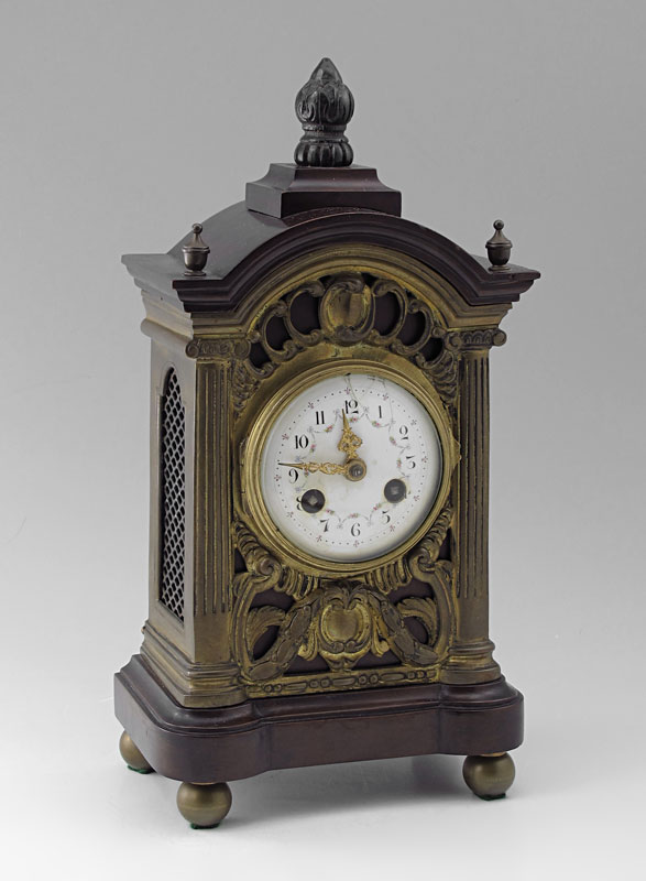 FRENCH MAHOGANY AND BRASS MANTLE CLOCK: