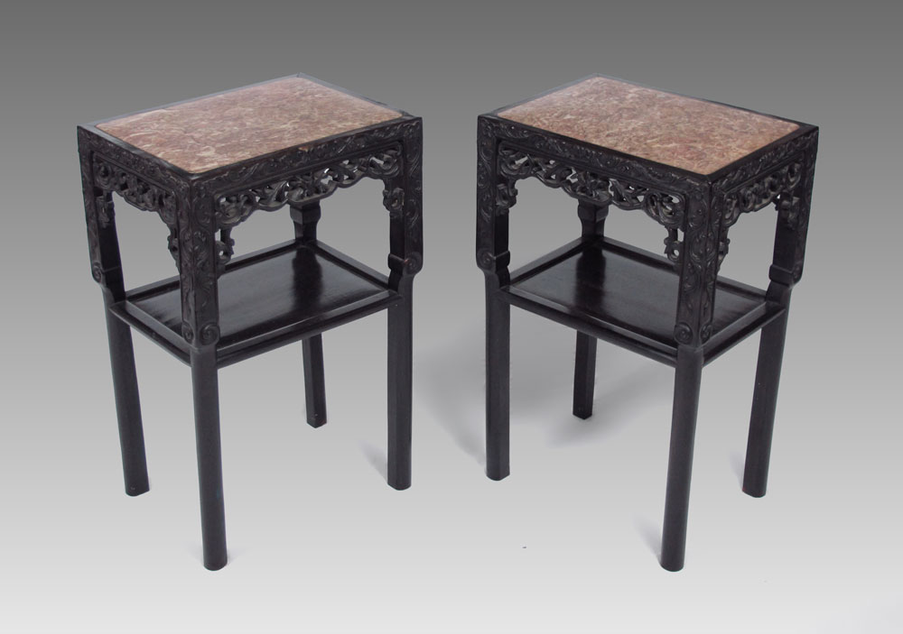 PAIR OF CARVED MARBLE INSET TABLES: