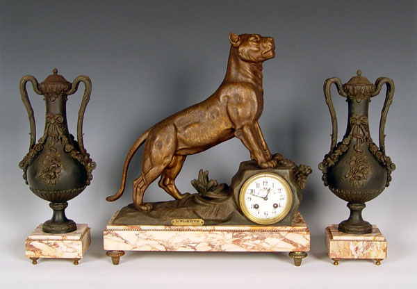 FRENCH FIGURAL TIGER CLOCK GARNITURE 147759