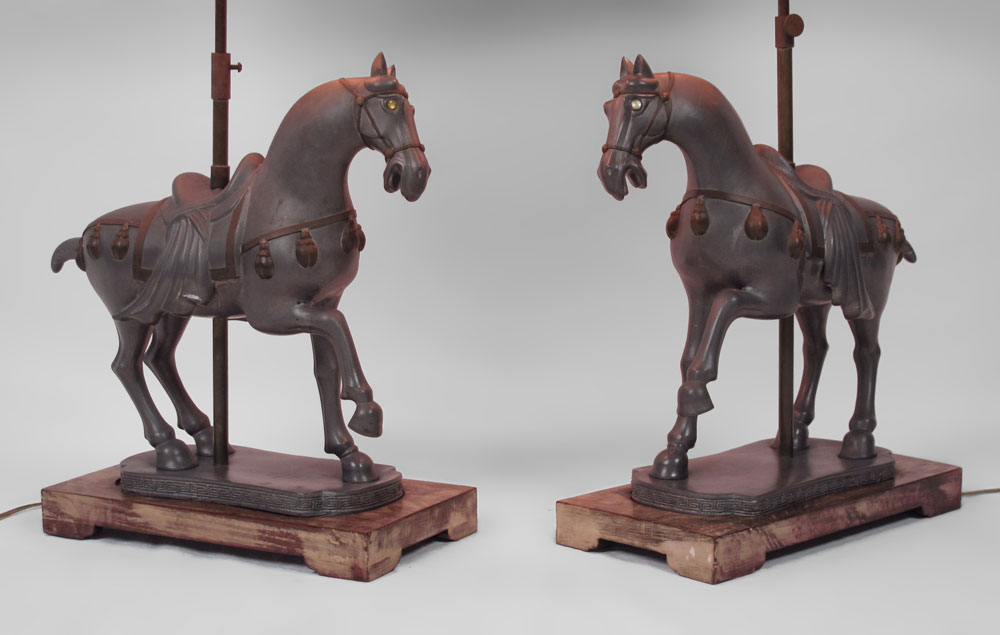 PAIR OF PEWTER TANG HORSE STYLE LAMPS: