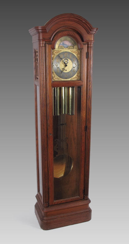 COLONIAL GRANDFATHER CLOCK: Carved wood