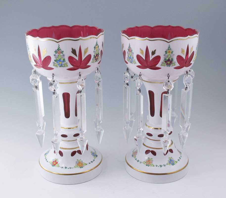 PAIR ENAMELED CRANBERRY GLASS LUSTERS: