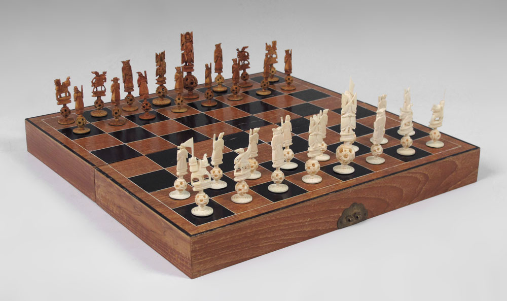 CHINESE CARVED IVORY CHESS SET: Complete