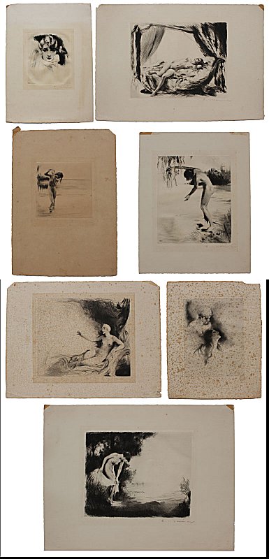 7 PIECE ILLEGIBLY SIGNED ETCHING LOT: