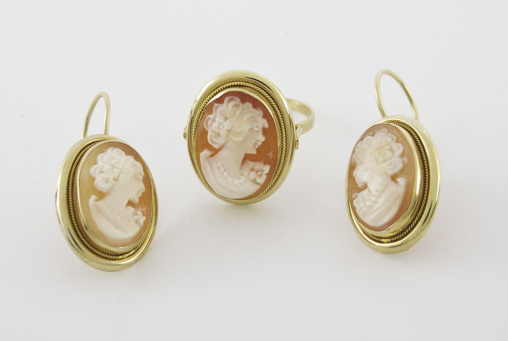 14K GOLD CAMEO EARRINGS AND RING  14780b