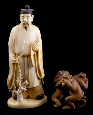 TWO JAPANESE IVORY OKIMONO the first