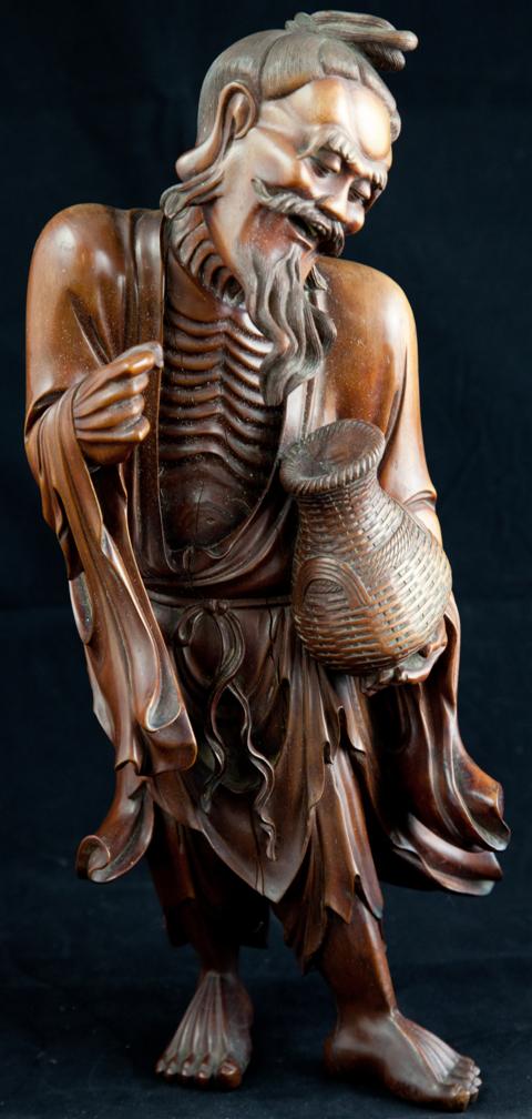 JAPANESE CARVED WOOD FIGURE OF AN ASCETIC