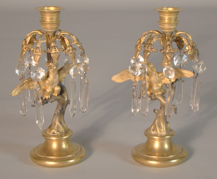 PAIR OF GLASS AND BRASS CANDLESTICKS 14791f