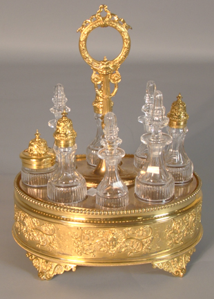 GILT METAL AND GLASS CRUET STAND 147920